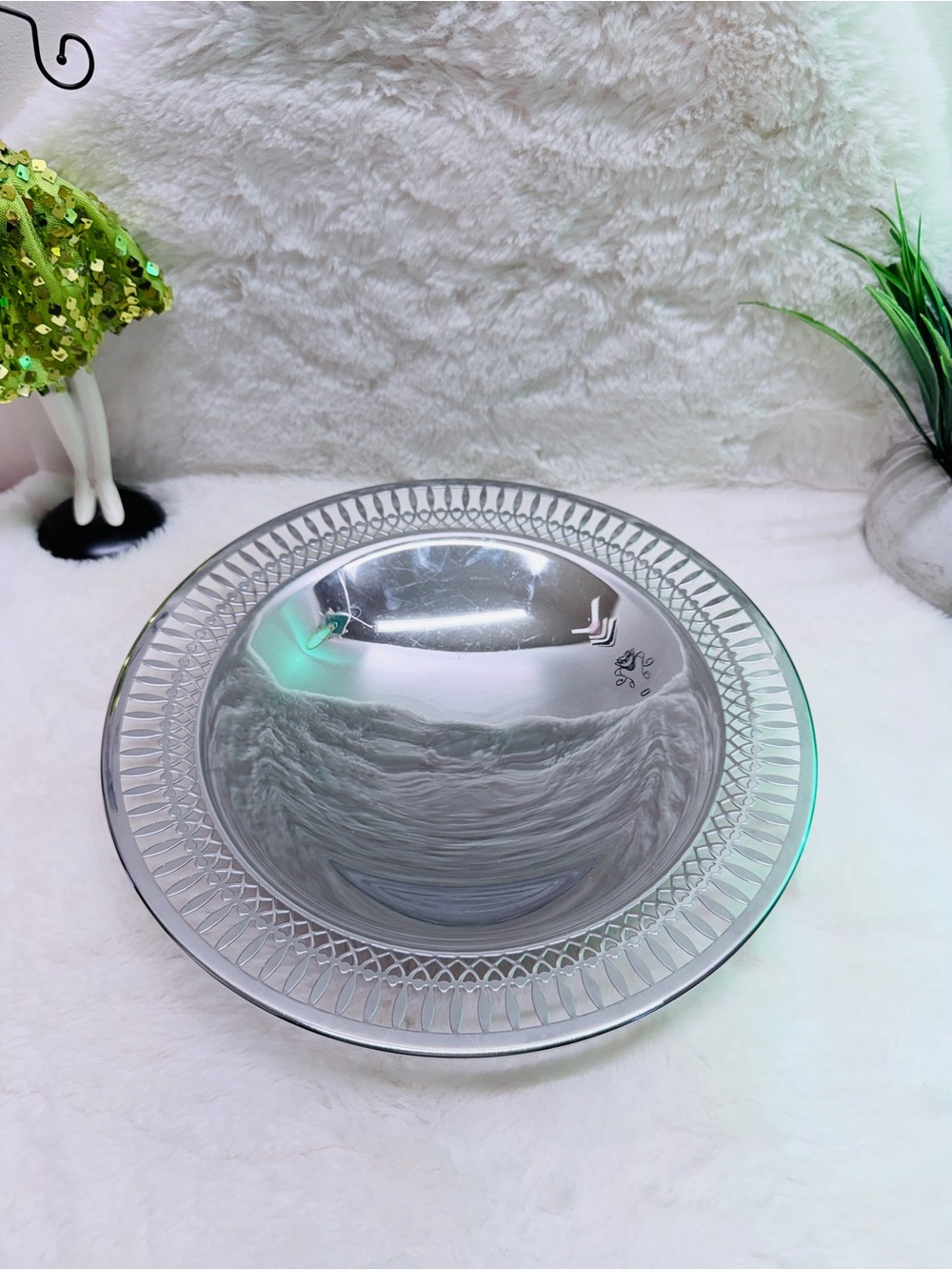 Vintage Chrome Decorative Footed Serving Bowl Mid Century Modern 💝